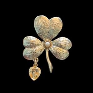 Vintage Gold Toned 3-Leaf Clover Brooch with Mother Mary Charm